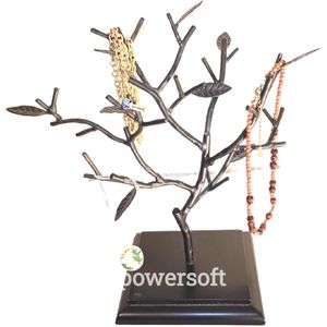 Black Jewelry tree Stand with Branches, Leaves and sturdy screw in wooden base